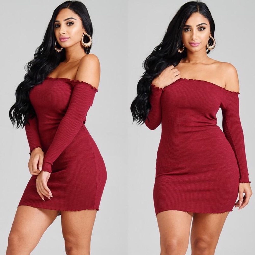 🎉HP🎉 Burgundy Ribbed Off The Shoulder Bodycon Dress - Picture 1 of 2